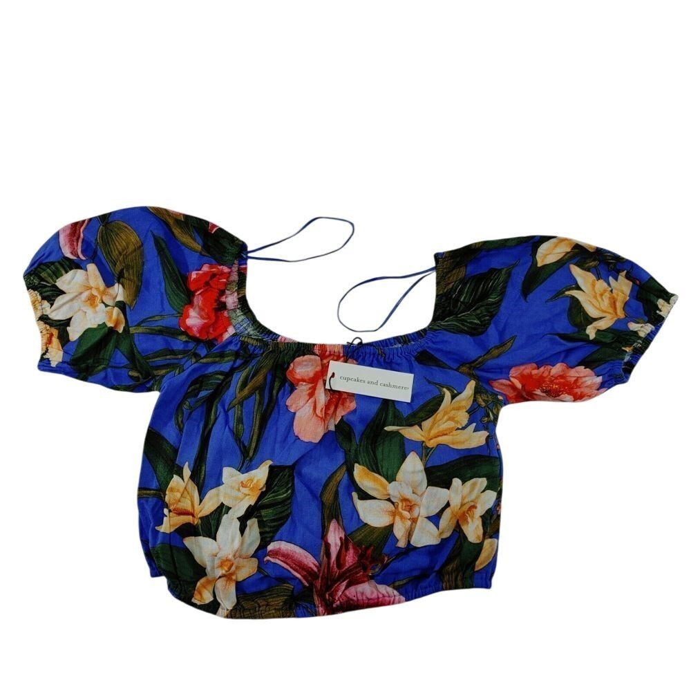Tropical Floral Puff Sleeve Crop Top Blue Hawaiian Blouse Size XS